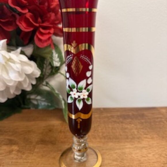 Vintage Red Gold Enameled Vase Hand Painted Floral Bohemian Czech Style Glass De - Picture 1 of 5